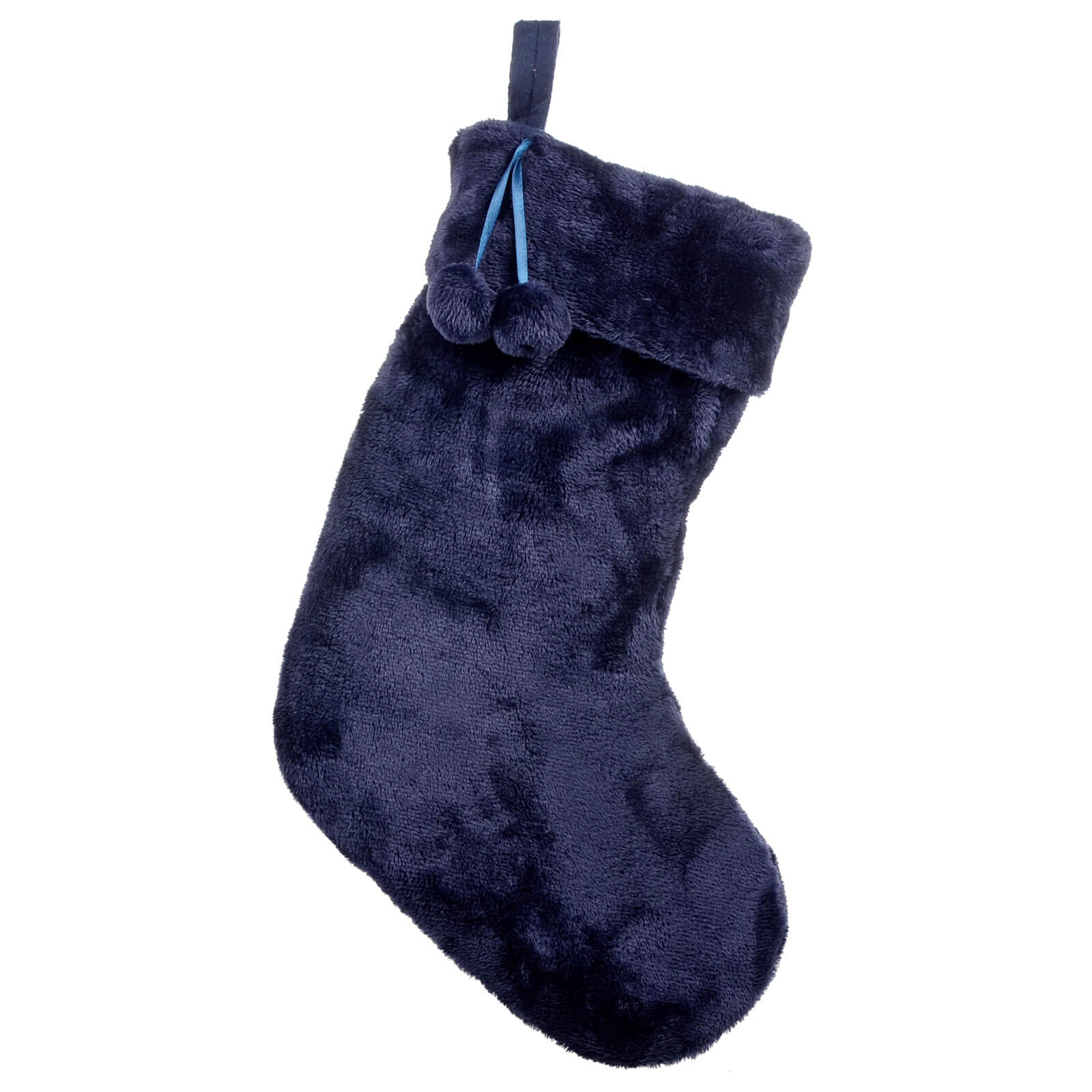 large navy faux fur Christmas stocking with matching pom poms and hanging loop